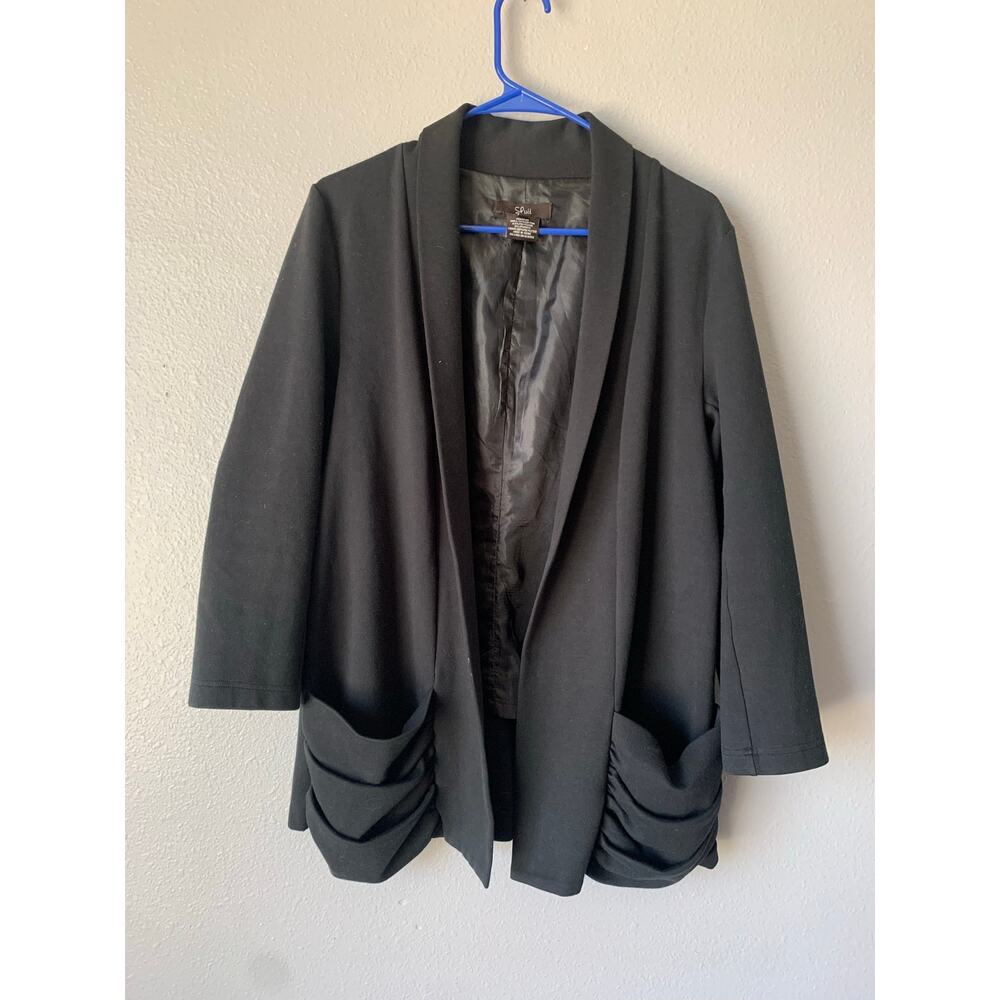 Luii Black Open Front Blazer Ruched Hem Shawl Collar Size XL